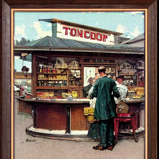 Prompt: old general store, headless person approaches the counter, by norman rockwell, tonal color scheme, antique, retro atmosphere.