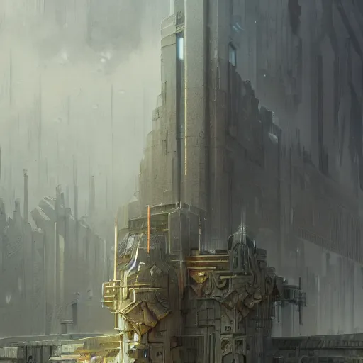 Image similar to intimidating towering brutalist fortress, highly detailed, digital painting, artstation, concept art, smooth, sharp focus, illustration, art by artgerm and greg rutkowski and alphonse mucha