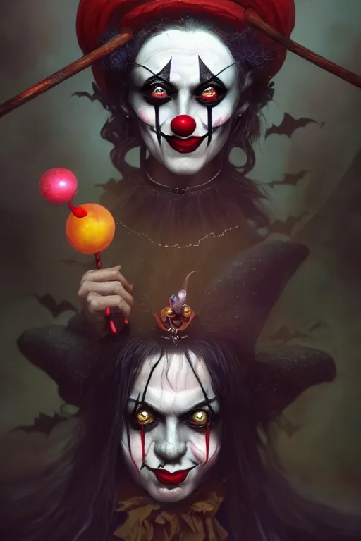 Prompt: beautiful ancient witch with clown face uses bat magic, highly detailed, digital painting, artstation, sharp focus, illustration, art by tan zi and ayanamikodon and alphonse and wlop