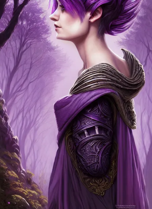 Image similar to side portrait beautiful german woman, adventurer outfit large cloak, fantasy forest landscape, dragon scales, fantasy magic, undercut hairstyle, short purple black fade hair, dark light night, intricate, elegant, sharp focus, illustration, highly detailed, digital painting, concept art, matte, art by wlop and artgerm and ivan shishkin and andrey shishkin, masterpiece