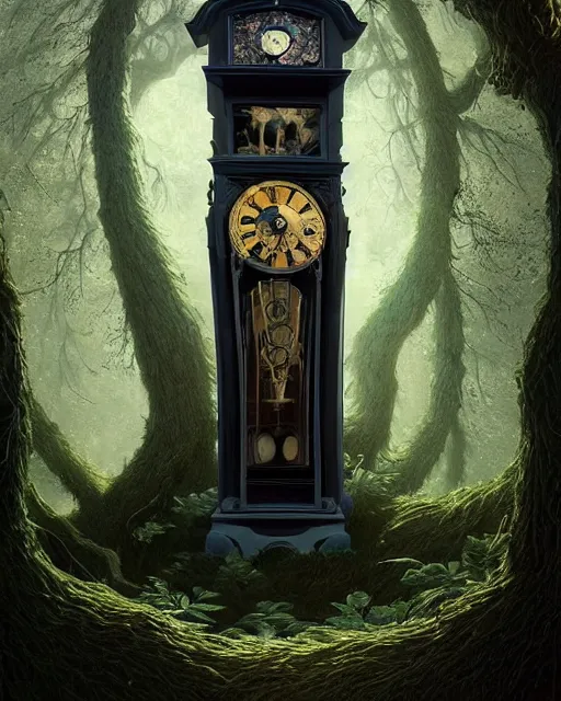 Image similar to highly detailed surreal vfx portrait of a cursed grandfather clock in a shadowy forest by a willow tree, stephen bliss, unreal engine, greg rutkowski, loish, rhads, beeple, makoto shinkai and lois van baarle, ilya kuvshinov, rossdraws, tom bagshaw, alphonse mucha, global illumination, detailed and intricate environment