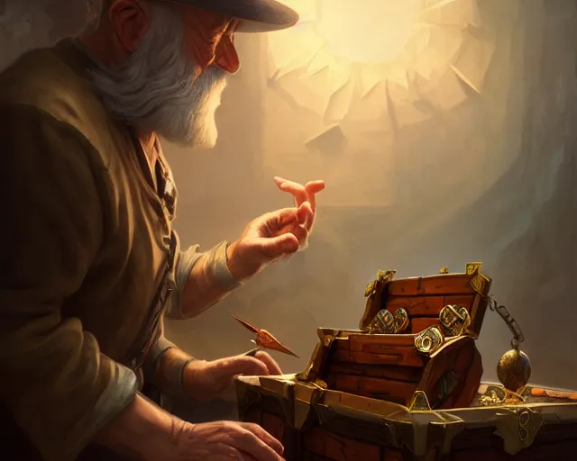 Image similar to photography of an old man picklocking a treasure chest, deep focus, d & d, fantasy, intricate, elegant, highly detailed, digital painting, artstation, concept art, matte, sharp focus, illustration, hearthstone, art by artgerm and greg rutkowski and alphonse mucha