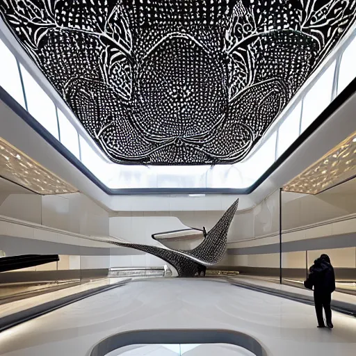 Image similar to extremely detailed ornate stunning beautiful elegant futuristic museum lobby interior by Zaha Hadid