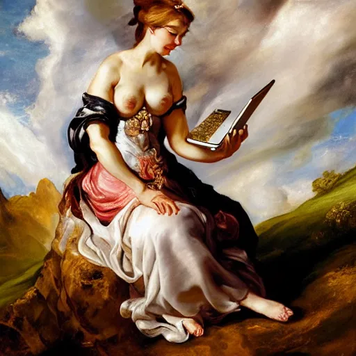 Image similar to heavenly summer sharp land sphere scallop well dressed lady working on her laptop, auslese, by peter paul rubens and eugene delacroix and karol bak, hyperrealism, digital illustration, fauvist