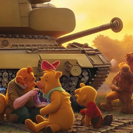Prompt: winnie the pooh protesters sit down in front of tank at tiananman square, defiant brave protester, dystopian, highly detailed, photorealistic, octane render, 8 k, unreal engine. art by artgerm and greg rutkowski and alphonse mucha