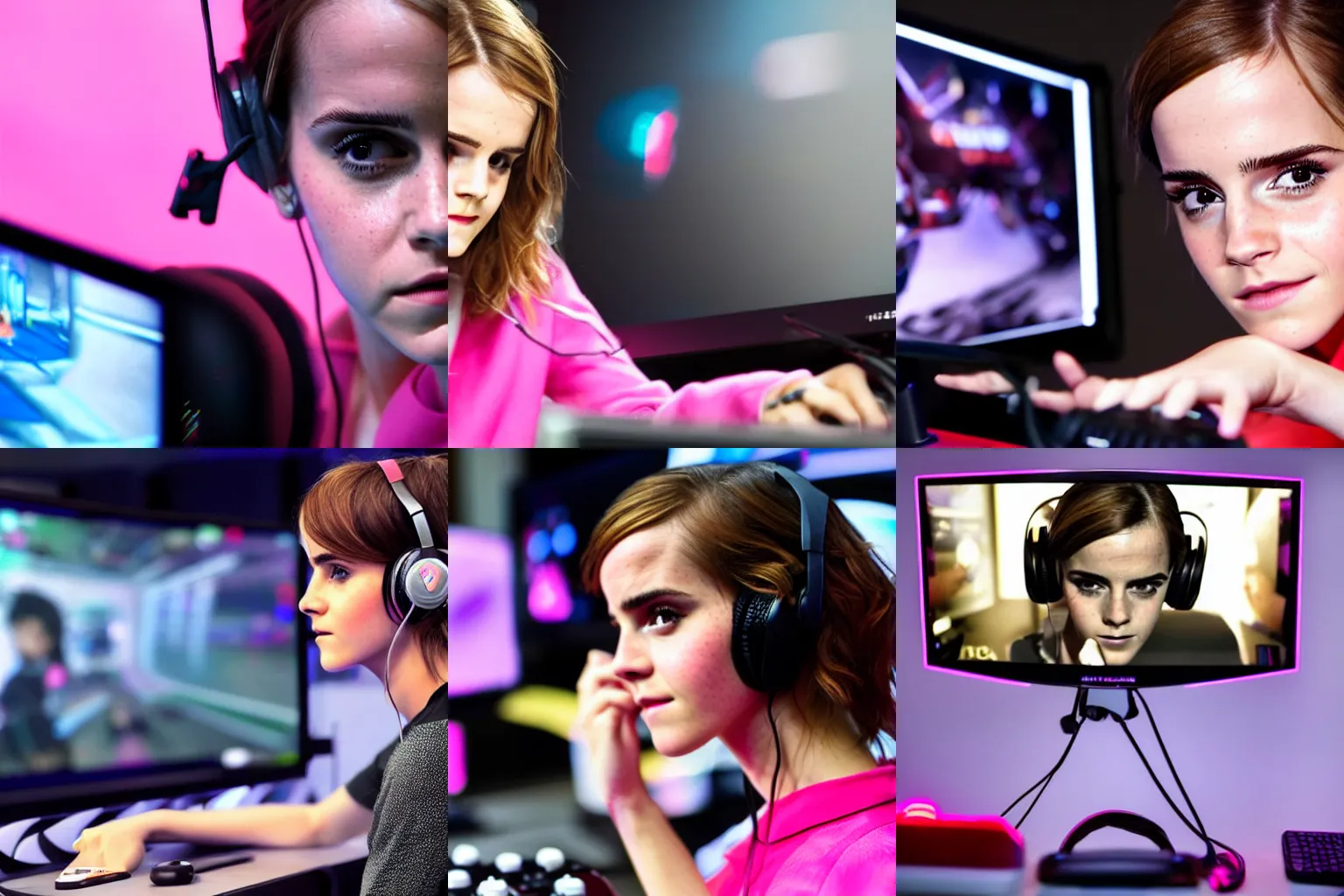 Prompt: a close-up of Emma Watson playing video games on a computer at an esports competition, pink headphones, concentrated facial expression, flash photography, backlit