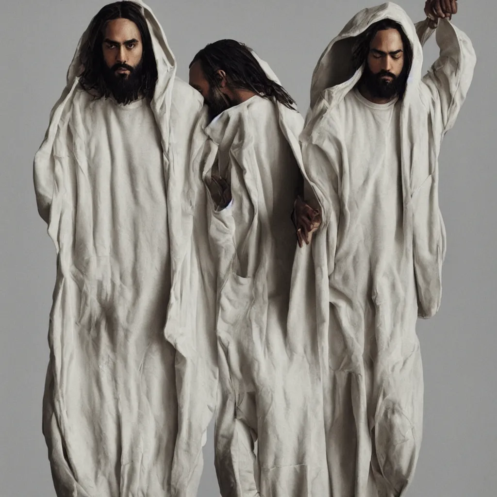 Image similar to a full body lookbook portrait of modern - day jesus wearing cream jerry lorenzo fear of god menswear collection by nicola samori, hat and hoodie, detailed, oil painting, hyper realistic, 8 k, yeezy collection