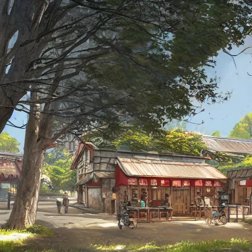 Image similar to concept art painting of a historic bakery with european and japanese architecture, in a woodland village surrounded by trees, realistic, detailed, cel shaded, in the style of makoto shinkai and greg rutkowski and james gurney