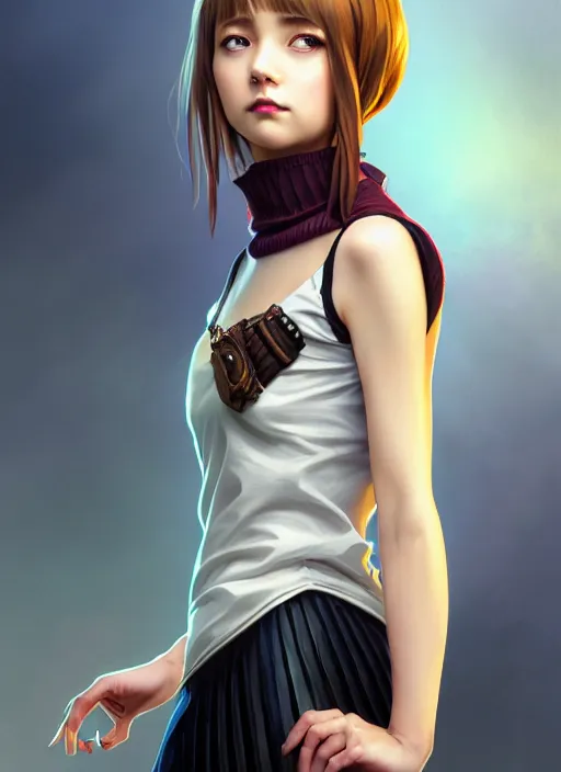 Image similar to portrait of a full body of beautiful young female detective, d & d, sleeveless turtleneck, pleated skirt, fantasy, flat lighting, intricate, highly detailed, digital painting, artstation, concept art, smooth, sharp focus, illustration, misa amane, art by simon bisley and greg rutkowski and alphonse mucha, natural tpose