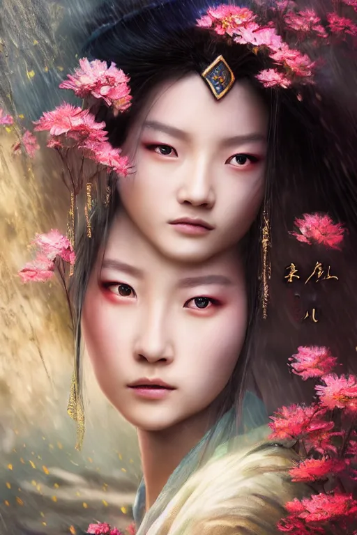 Prompt: beautiful cinematic fantasy portrait of wuxia heroine, in forbidden City Rainning, flowers sea everywhere, beautiful glowing galaxy eyes, hybrid from Dynasty Warriror and art direction by tian zi and WLOP and Darius Zawadzki cinematic quality character render; low angle; fantasy, intricate, very very beautiful, elegant, highly detailed, digital painting, production quality cinema model;