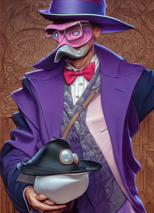 Image similar to portrait of Darkwing Duck from Society (1989), intricate, highly detailed, centered, digital painting, artstation, concept art, smooth, sharp focus, illustration, artgerm, donato giancola, Joseph Christian Leyendecker, WLOP, Artgerm