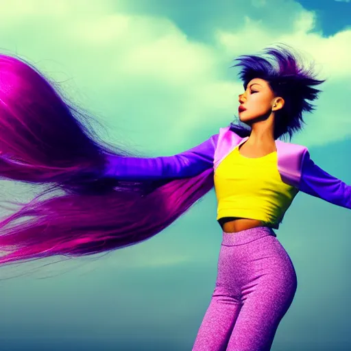 Image similar to a award winning full body shot of a beautiful woman in a croptop with a ombre purple pink teal hairstyle with head in motion and hair flying, outrun, vaporware, vivid colors, highly detailed, fine detail, intricate