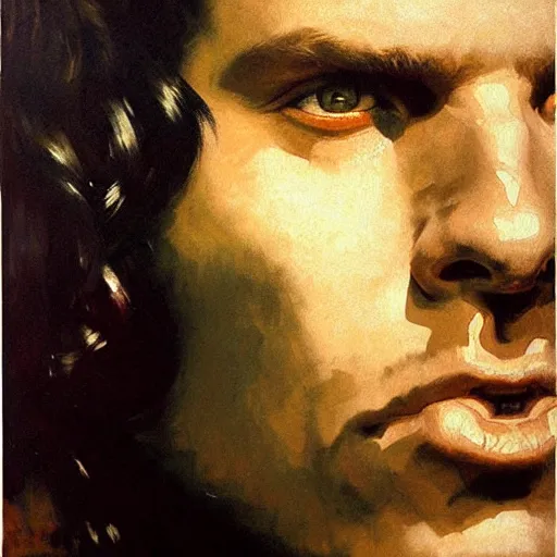 Image similar to portrait of jim morrison, detailed face, detailed painting, epic lighting, by ilya repin, phil hale and kent williams