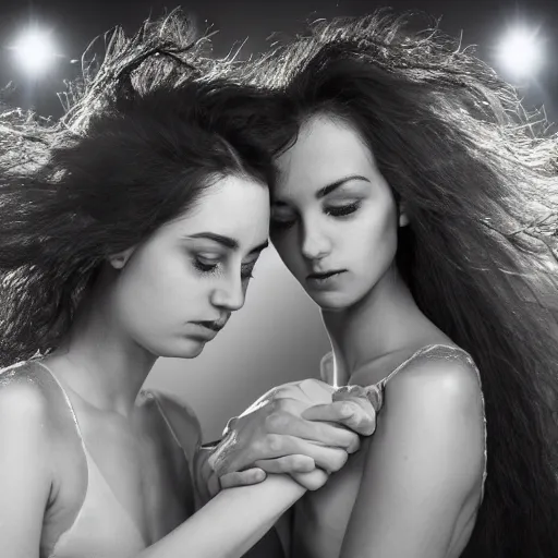 Prompt: award winning photograph of two women holding hands under water, volumetric lighting, flowing hair and dresses,