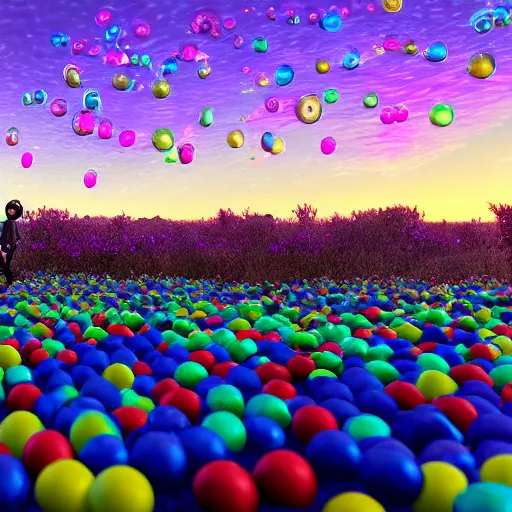 Prompt: black boys and girls floating on bubbles over a field of candy at sunset, by pixar, 8k, hd, rendered in unreal engine, wide angle, vibrant colors