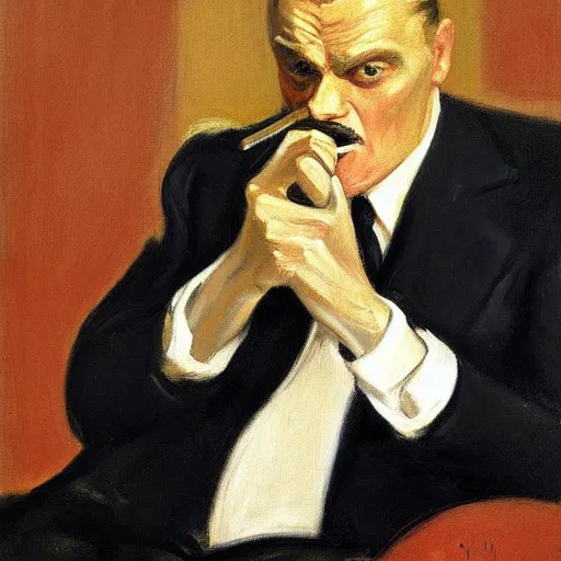 Image similar to A portrait of James Cagney smoking a cigar in a busy hotel lobby, painting by Edward Hopper and John Singer Sargent