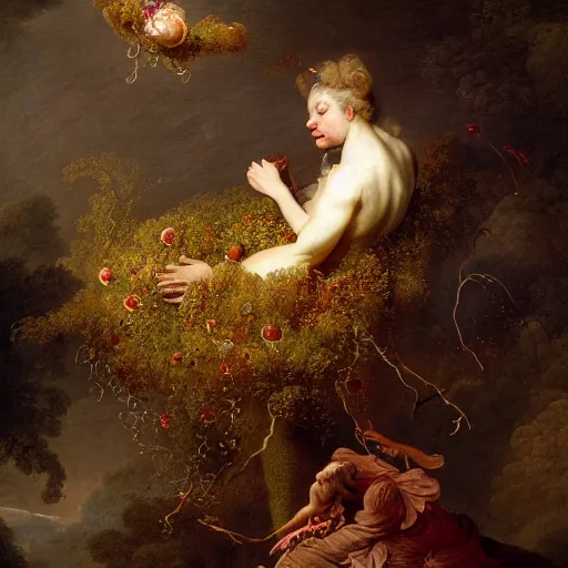 Image similar to wonderful world of carnivorous plant eating a woman, painted in high resolution, 8k, by fragonard