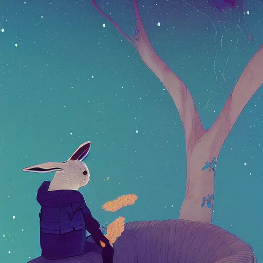 Image similar to A rabbit full of hope, looking for a black hole in an infinite time loop by Victo Ngai and Ghibli andlisk feng and atey ghailan