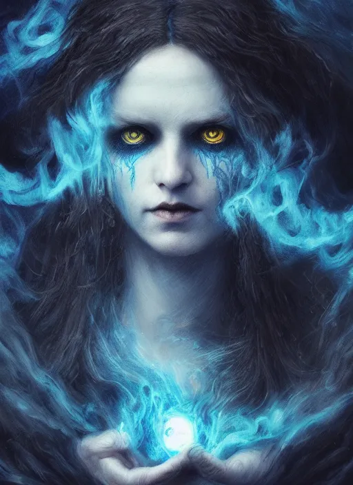 Image similar to Her huge ominous glowing blue eyes staring into my soul , realistic face, intricate stunning highly detailed, Seb McKinnon , agostino arrivabene, WLOP, twisted dark lucid dream, 8k portrait render, raven wings, swirling thick smoke , beautiful lighting, dark fantasy art, cgsociety