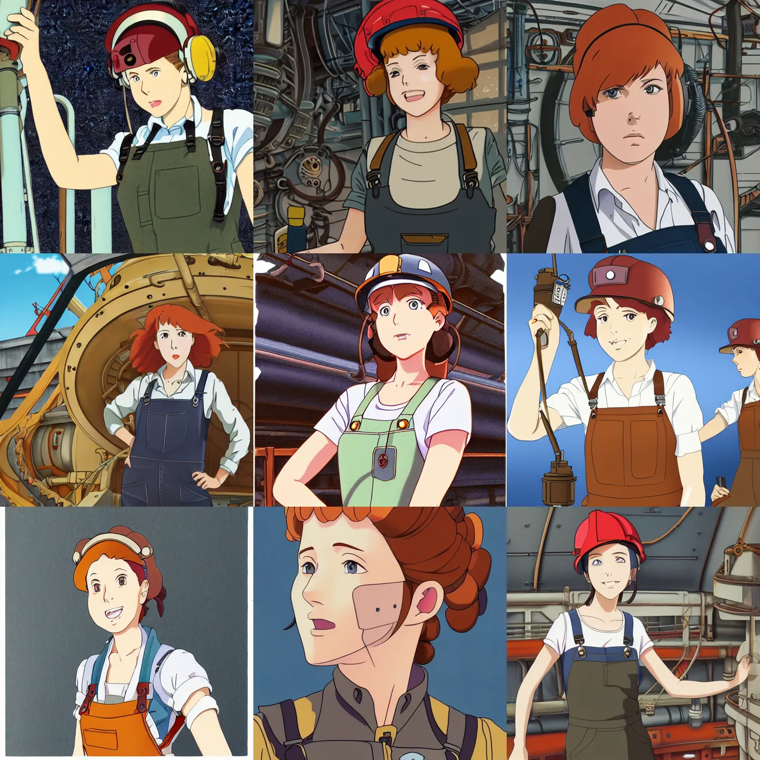 Prompt: Portrait of a tank top and dungaree-clad redheaded female airship engineer working in the lower deck of a ship, dieselpunk, defined facial features, highly detailed, animation cel, official Kyoto Animation and Studio Ghibli anime screenshot