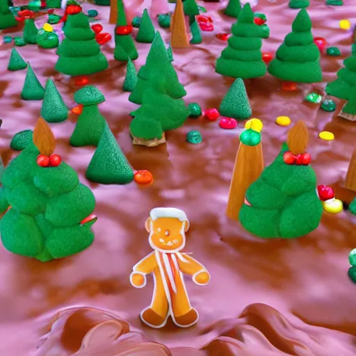 Image similar to Candy land forest during christmas time with anthropomorphic ginger bread people and candy people, rivers made out of chocolate milk, the sky is pink, 3d art, Surreal, Angelic, HD, Hyper Realistic