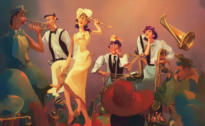 Image similar to the enchanted jazz band party with musicians and a glamorous female singer, 1 9 4 0, vintage micrphone, tenor saxophone, behance hd artstation by jesper ejsing, by rhads, makoto shinkai and lois van baarle, ilya kuvshinov, ossdraws