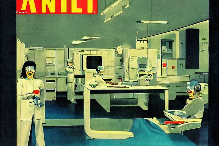 Prompt: 1979 OMNI Magazine Cover of a denture laboratory. in cyberpunk style by Vincent Di Fate