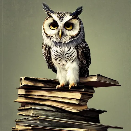 Image similar to long shot of a fluffy sleegy owl sitting on a pile of antique books, by naoto hatori, by yoshita amano, by esao andrews, fancy illustration hyperrealistic, big depth of field, fresh colors, moody evening light, 3 d octane render conceptart, 4 k, highly detailed, trending on artstation