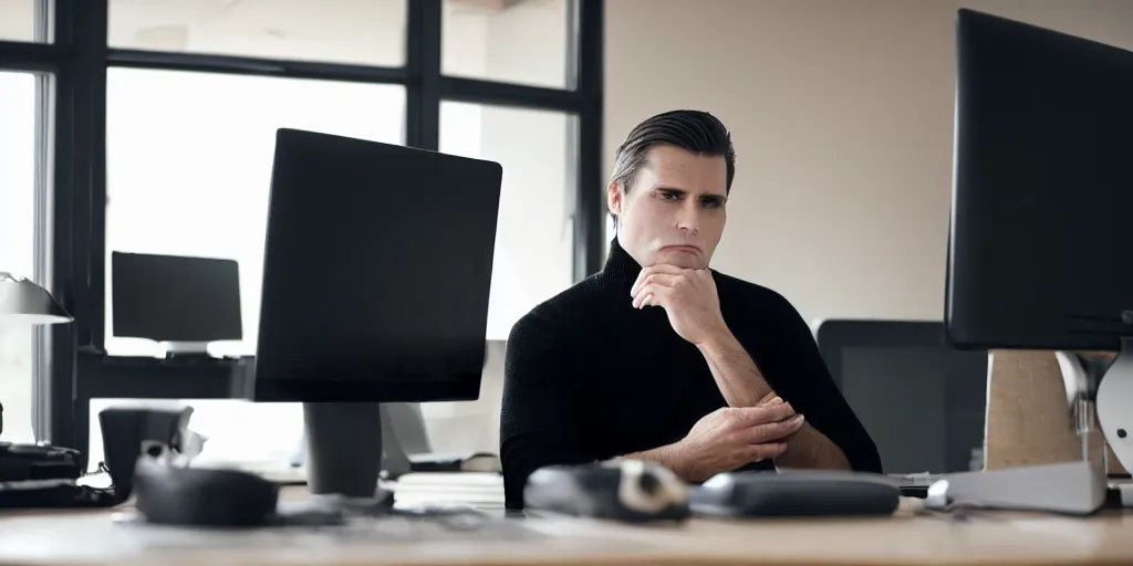 Prompt: low angle establishing shot of a clean shaven man wearing a black turtle neck sitting in front of his computer located in his home office