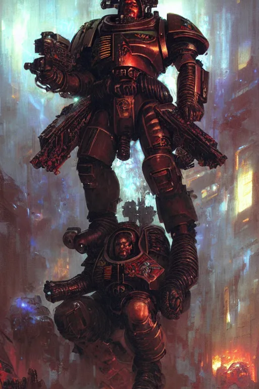 Image similar to space marine warrior cyberpunk horror scifi extremely high detail portrait dnd, painting by gaston bussiere, craig mullins, greg rutkowski, yoji shinkawa