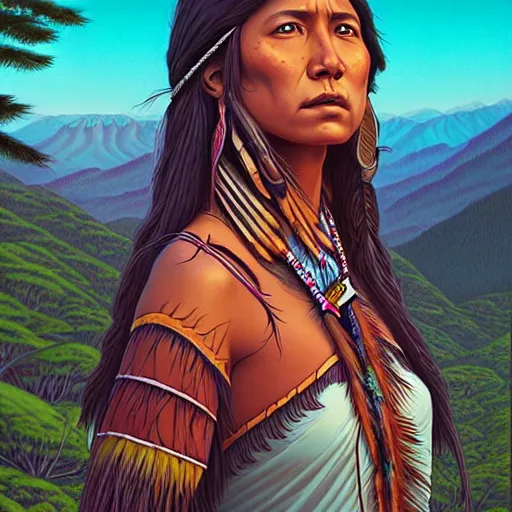 Image similar to ethereal native american princess in the mountains, extremely detailed, sharp focus, wide view, full body shot, smooth, digital illustration, by lisa perrin!!!!, dan mumford, james jean, by rossdraws, frank franzzeta, sakimichan