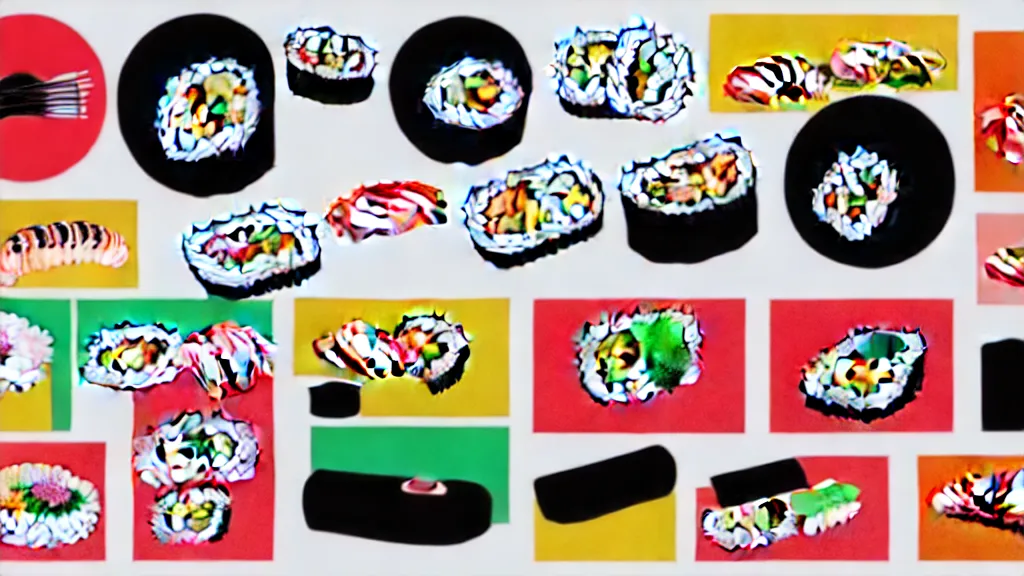 Image similar to a selection of single sushi platters, several items in an array, japan, a collage painting, in the style of wes anderson, lola dupre, david hockney, isolated on negative white space background dark monochrome neon spraypaint accents volumetric octane render