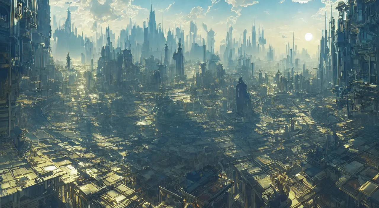 Image similar to futuristic solarpunk city with happy people and animals, happy scenes, late afternoon light, wispy clouds in a blue sky, unreal engine, intricate, highly detailed, elegant, trending on artstation, sharp focus, cinematic lighting, art by greg rutkowski and alphonse mucha