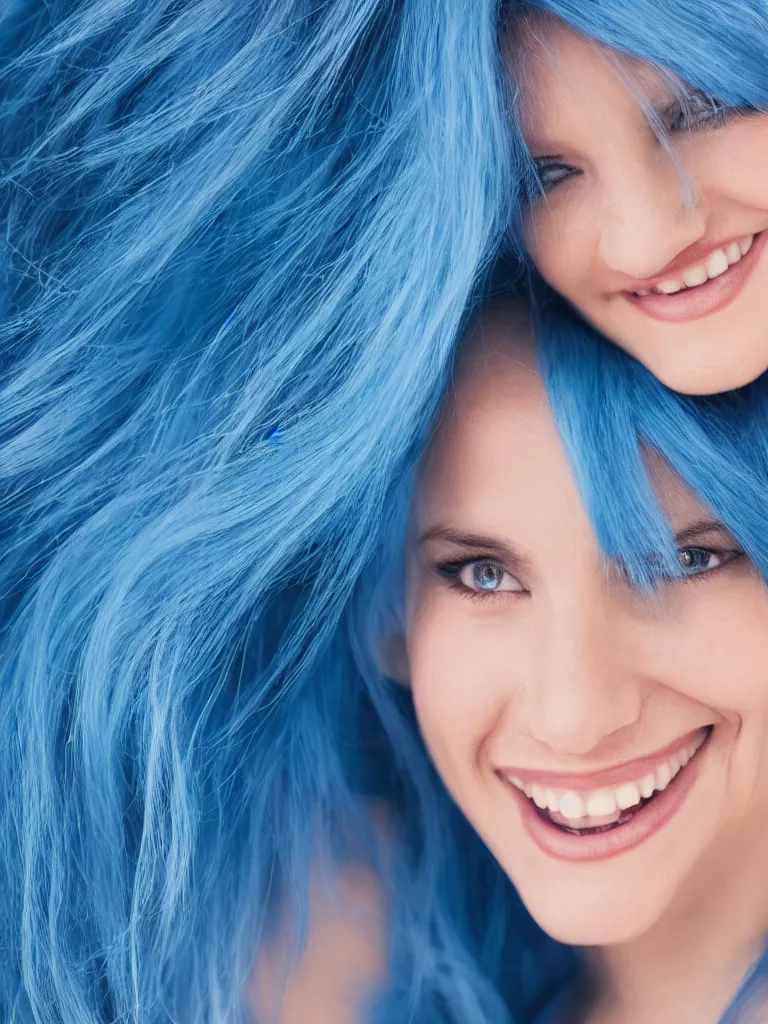 Prompt: Portrait of a woman with blue hair smiling, ultra-realistic, HD, headshot