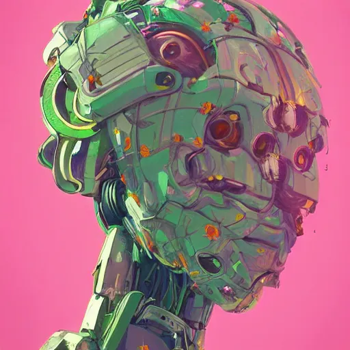 Image similar to colourful vfx art - portrait of mecha robot wrapped in flowers & vines, art by hsiao - ron cheng & james jean, volumetric light, colourful, sharp, detailed, digital painting, illustration, illustration, highly detailed, intricate detail, unreal engine, octae render, pinterest, behance, art station,