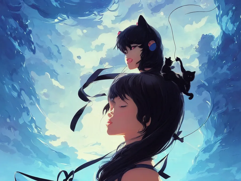 Prompt: close up picture of a cute black hair cat girl with ribbons and cool big giants colossus knight companions with her, crossing the blue horizon, beautiful and aesthetic, highly detailed face, intricate, smooth, sharp focus, trending on artstation, art by ilya kuvshinov and anato finnstark and rembrandt and quentin mabille, fantasy illustration, epic graphic novel wallpaper