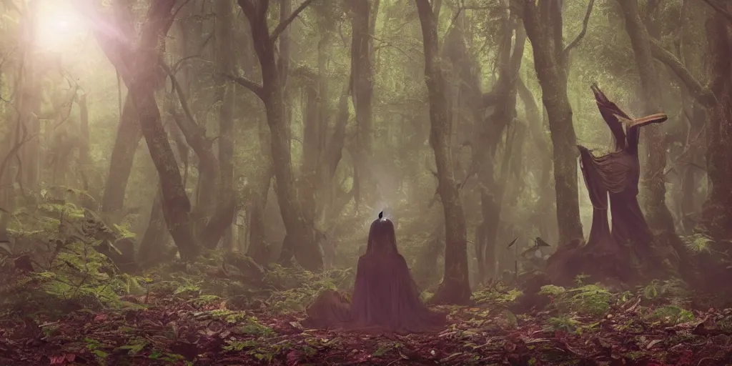 Image similar to A transcendal being having a ritual in a mysterious and lush forest, sci-fi, dark fantasy, wide shot