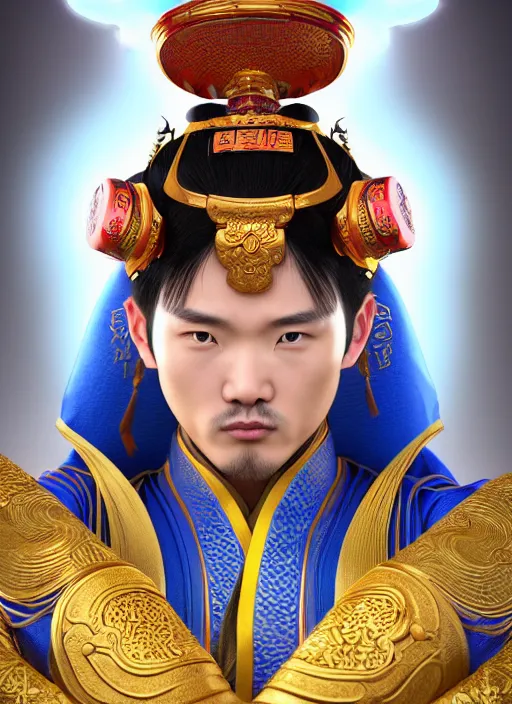 Prompt: male martial artist!! manchu chinese hairstyle!!!! asian facial features and blue eyes!! intricate ornate blue robes!! character concept art, sharp focus, octane render! unreal engine 5! highly rendered!! trending on artstation!! detailed linework!! illustration by artgerm, wlop, and chie yoshii