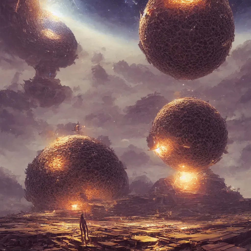 Image similar to extremely beautiful high detailed long portrait of dyson sphere program, by greg rutkowski, by rhads, by jesper ejsing, so many wires, sharp focus, man standing, colony, atom, crowd, city, cuber punk, ant colony