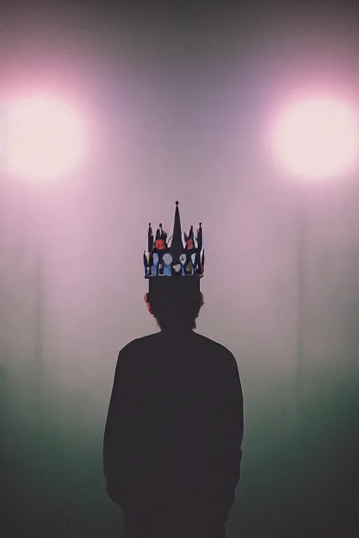 Image similar to agfa vista 4 0 0 photograph of a guy wearing an elaborate tall gothic crown, back view, synth vibe, vaporwave colors, lens flare, moody lighting, moody vibe, telephoto, 9 0 s vibe, blurry background, grain, tranquil, calm, faded!,