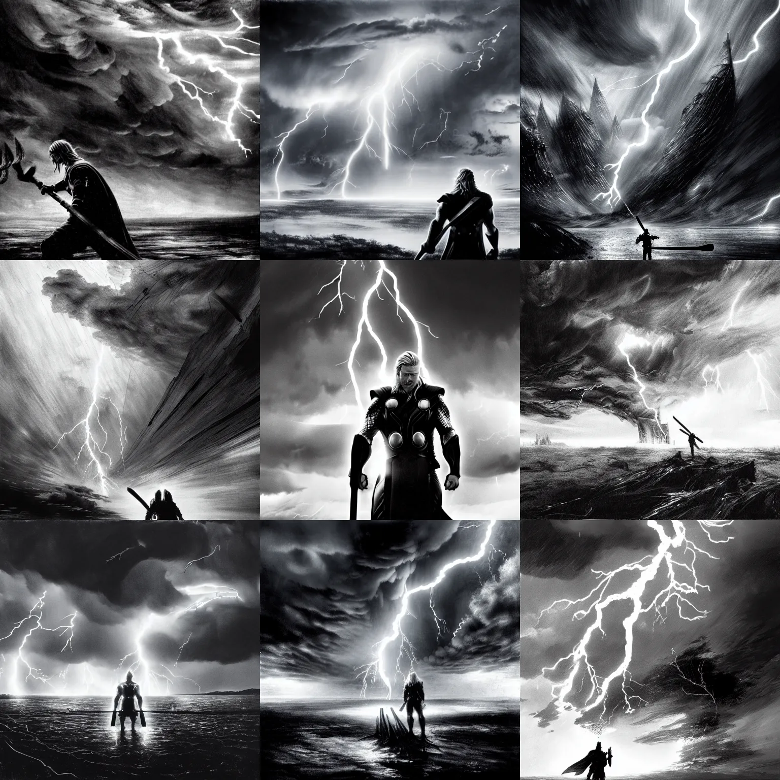 Prompt: thor catches lightning and holds an ax in an epic battle with storm clouds by tsutomu nihei, black and white, photorealism, cinematic