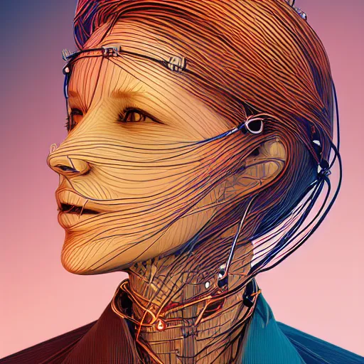 Image similar to a beautiful head of a pilot woman partially made of wires and circuits, an ultrafine detailed illustration by james jean, final fantasy, intricate linework, bright colors, behance contest winner, vanitas, angular, altermodern, unreal engine 5 highly rendered, global illumination, radiant light, detailed and intricate environment