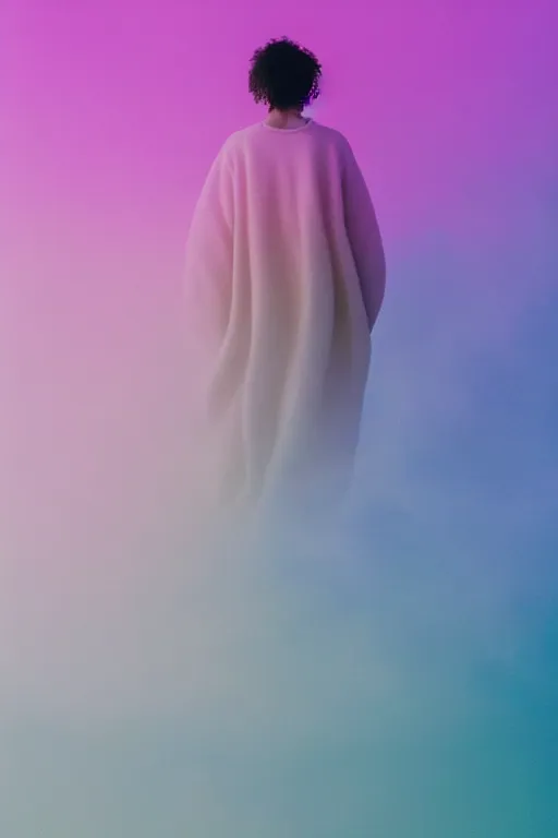 Image similar to high quality pastel coloured film photograph of a model wearing clothing resting on cloud furniture in a nordic black rock environment in a haze filled dreamstate world. three point light, rainbow. photographic production. art directed. pastel colours. volumetric clouds. pastel gradient overlay. waves glitch artefacts. 8 k. filmic.