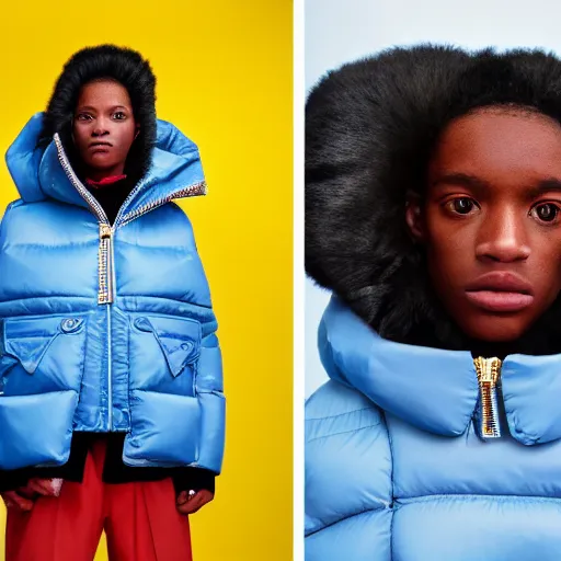 Image similar to realistic! photoshoot for a new balenciaga lookbook, color film photography, portrait of a beautiful woman wearing a puffer jacket, photo in style of tyler mitchell, fisheye lens