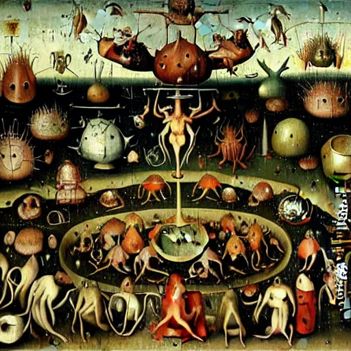 Prompt: a frog dunking over demons boiling a sinner in the garden of earthly delights, hieronymus bosch