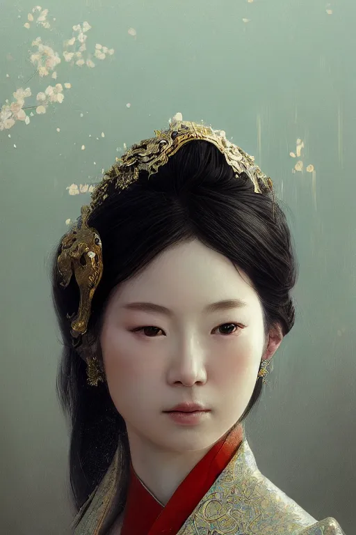 Image similar to Japanese princess, gorgeous, close-up portrait, intricate, elegant, volumetric lighting, scenery, digital painting, highly detailed, artstation, sharp focus, illustration, concept art, ruan jia, steve mccurry