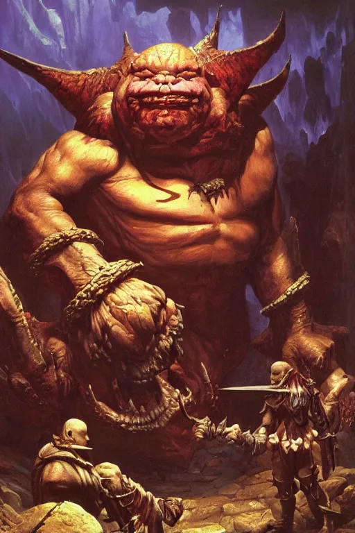 Image similar to a dungeons and dragons ogre, realistic oil painting by thomas cole and wayne barlowe