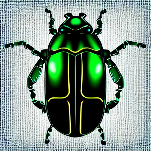 Prompt: iridescent metal cyber beetle. white background. macro