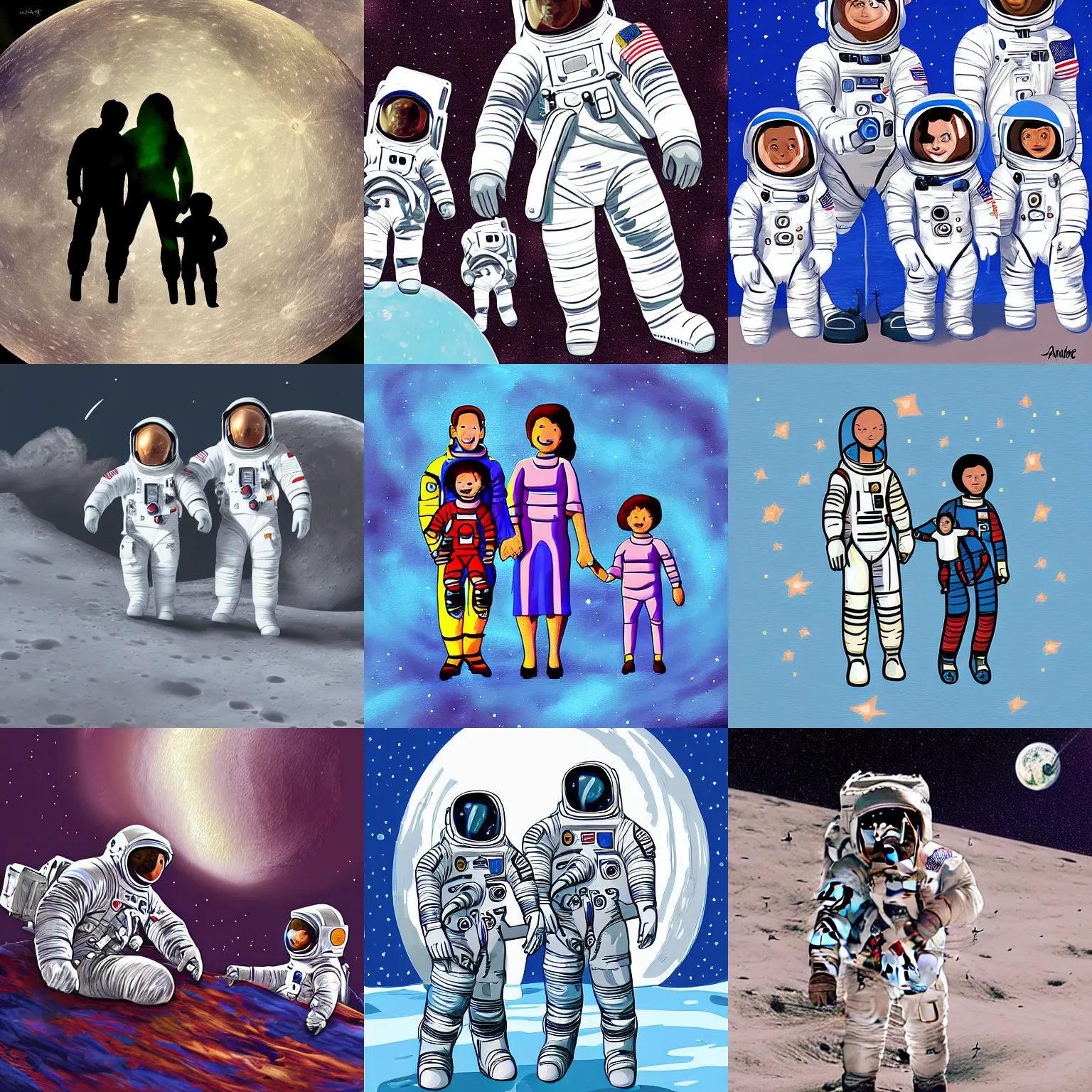 Prompt: family of astronauts astronauts with a child on the lunar surface, digital painting