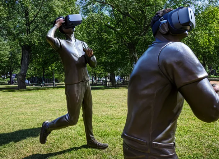 Image similar to photo still of a bronze statue of a man gaming in vr in a park on a bright sunny day, 8 k 8 5 mm f 1 6